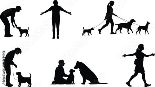 Dog, silhouettes, people, walking, training, pet, owner, leash, outdoor, lifestyle, canine, care, companionship, interaction, activity