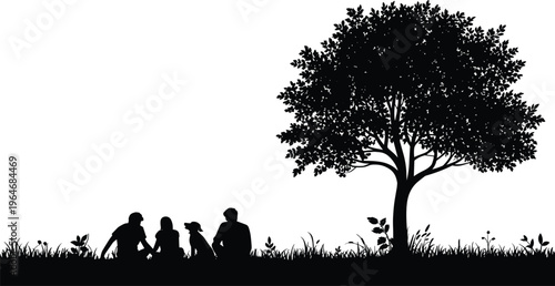 Family silhouette with dog sitting under tree in peaceful park landscape nature outdoor relaxation scene