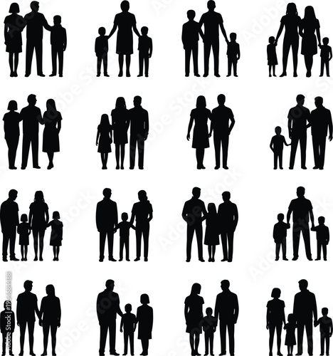 Family silhouettes collection, parents and children together, diverse groups isolated, parenting lifestyle concept illustration set