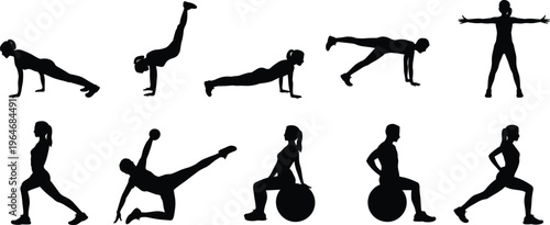 Female fitness silhouettes performing strength training exercises with stability ball and bodyweight isolated background set