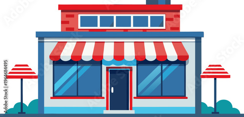 A vibrant storefront with colorful awnings and decorative street lamps