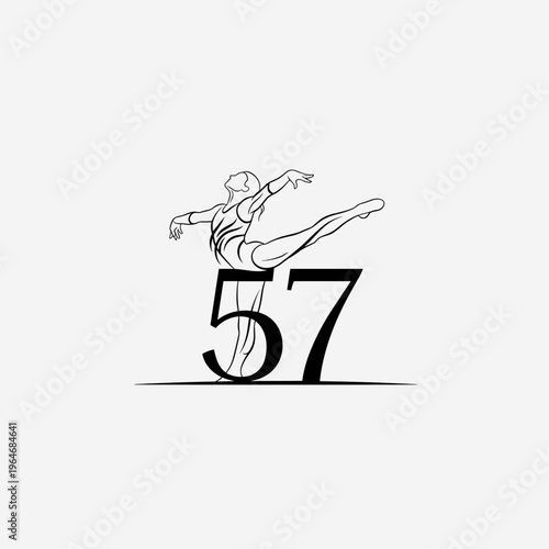 Vector dancer illustration, dynamic pose, number 57, minimalist line art