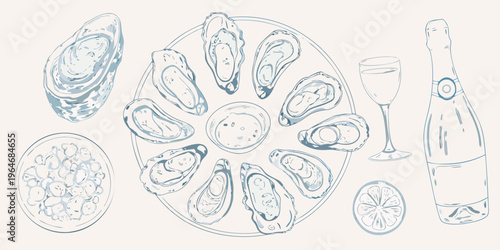 Seafood platter with oysters wine and lemon a sketched silhouette