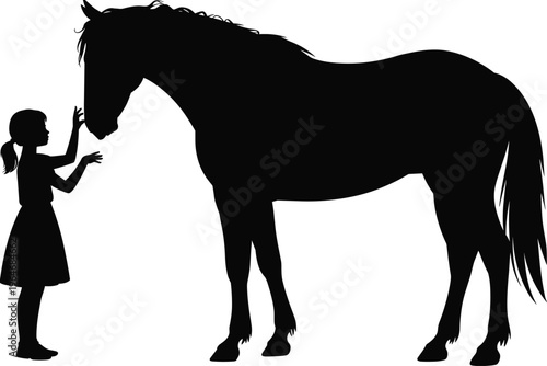 Little girl reaching horse silhouette bonding trust love childhood innocence animal friendship connection concept