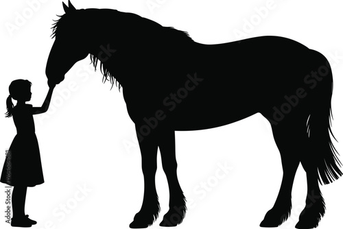 Little girl touching horse silhouette emotional bonding trust love friendship childhood innocence animal connection concept