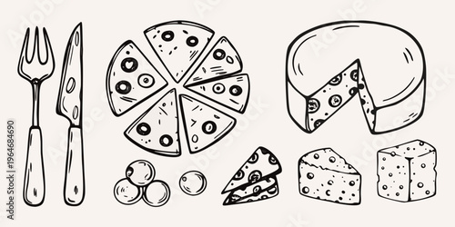 Drawn illustration of cheese pizza and utensils as a black silhouette