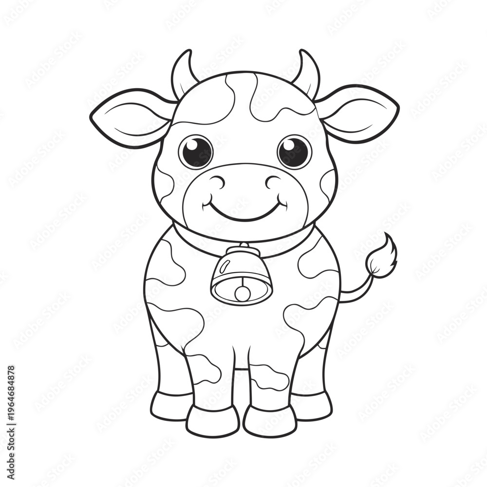 Fototapeta premium Cute Cartoon Cow with Bell Line Art Illustration for Coloring Page