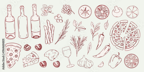 Hand drawn italian food sketch with wine pizza and vegetables silhouette