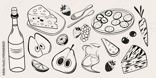 A collection of food items including fruit cheese and wine silhouette