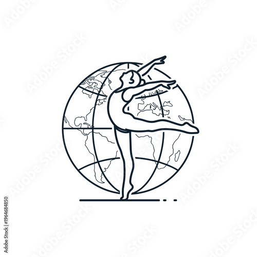 Vector illustration of dancer, globe background, world map, dance icon, ballet style