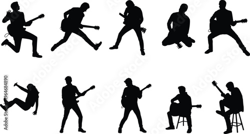 Silhouettes of guitar players performing energetic rock music poses isolated on white background collection