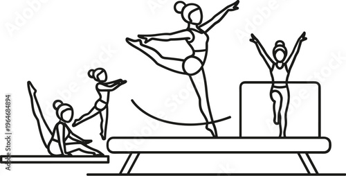 Gymnastics, athletic women, line art illustrations, sport, fitness, vector icons