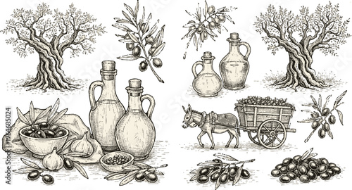 Hand drawn olive harvest set with trees oil bottles and donkey cart vector illustration