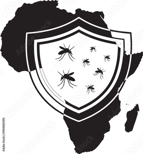 Africa map silhouette with protective shield and mosquitoes vector illustration representing continental health initiatives and malaria prevention campaign.
