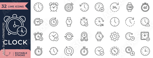 Clock and timer outline icons for schedule, deadline and time tracking apps