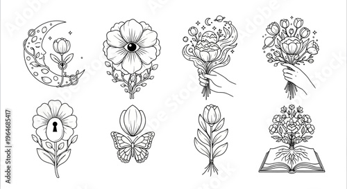 Black and white line art flowers.