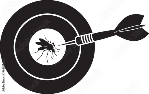 Dart hitting mosquito on target, vector silhouette illustration for pest control, disease eradication, and public health goals.
