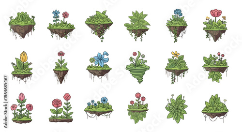 Floating green plants with flowers.
