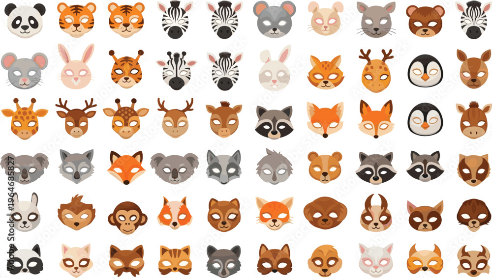 Obraz premium Wild animal face icon set with fox, deer, bear, raccoon, zebra and jungle animals flat vector collection