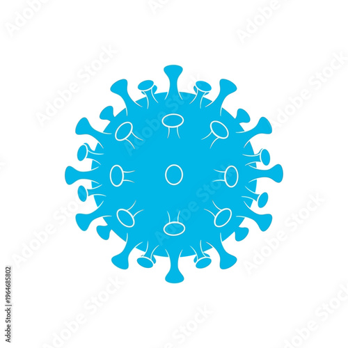 A stylized blue illustration of a coronavirus particle with surface spikes