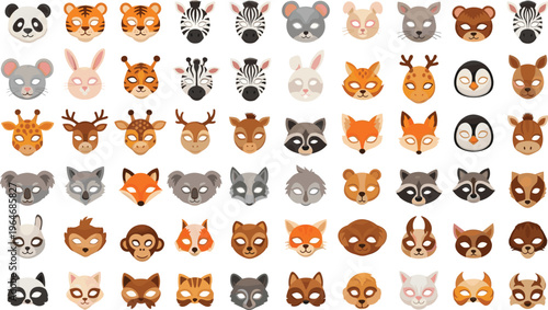 Wild animal face icon set with fox, deer, bear, raccoon, zebra and jungle animals flat vector collection