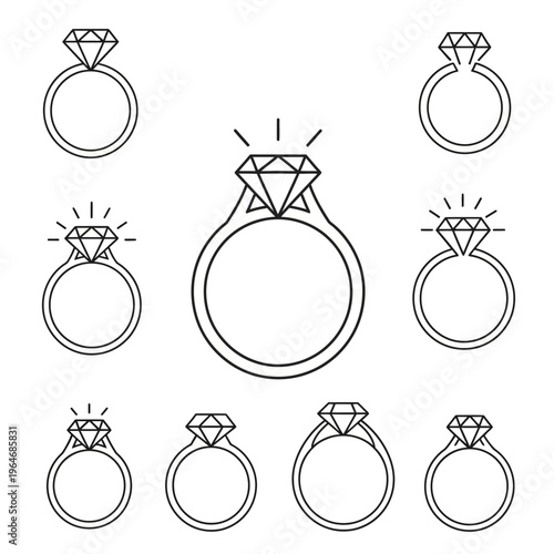 Line art illustrations of diamond rings in various styles and arrangements