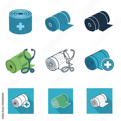 Medical supplies including bandages gauze and a stethoscope are shown