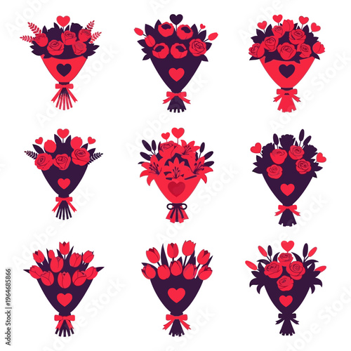 Nine bouquets of red roses and tulips with heart shaped accents