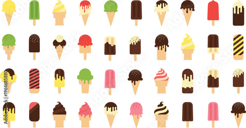 Flat ice cream and popsicle icon set with various flavors and cones minimal dessert vector illustration collection