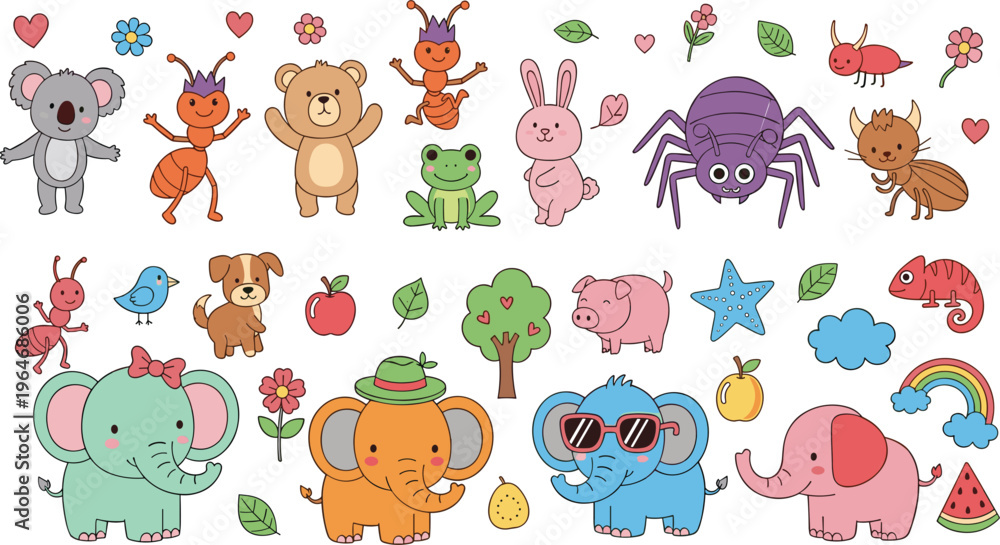 Obraz premium Cute animals and insects collection with elephant, bunny, frog, ant, spider and nature elements cartoon vector illustration set