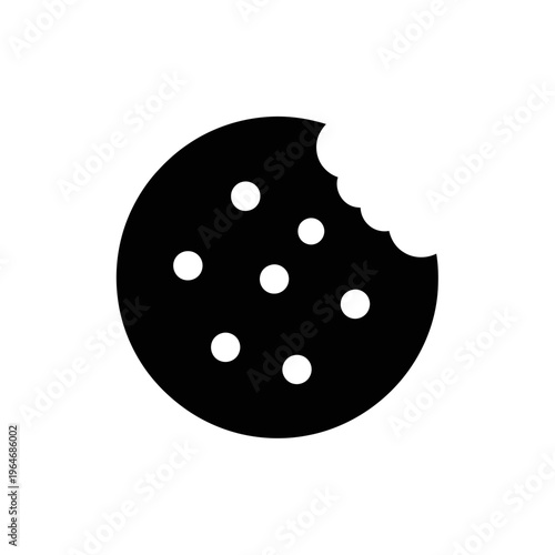 Simple black and white icon of a round cookie with a bite taken out