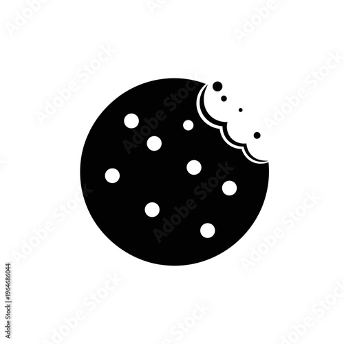 A simple black and white illustration of a chocolate chip cookie