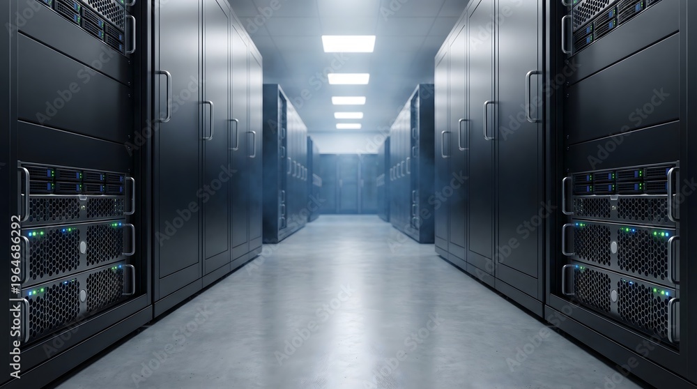 © AAA - Clean Bright Data Center Corridor with Professional Server Enclosures and Cooling System © AAA - Clean Bright Data Center Corridor with Professional Server Enclosures and Cooling System