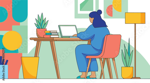 Woman working on laptop at home office desk, remote work illustration