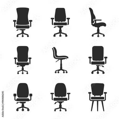 Nine black office chairs in a grid arrangement simple vector icons