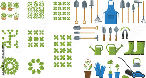 Gardening tools and plant elements collection with gloves, watering can, boots, apron and seedlings flat vector illustration set