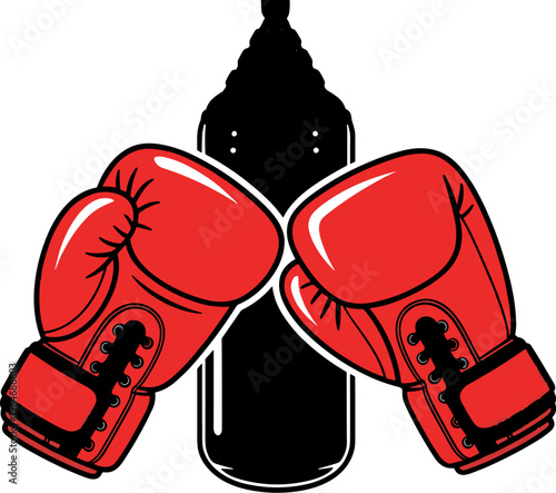 Red boxing gloves and black punching bag vector, combat sports equipment icon, boxing training gear illustration for gym