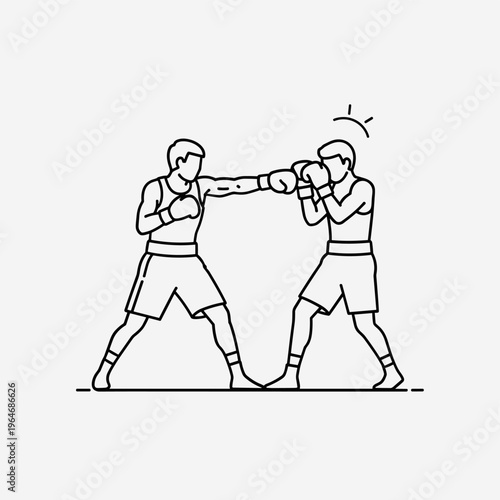 Minimalist boxing match line art vector, two boxers sparring in ring, professional boxing competition outline illustration