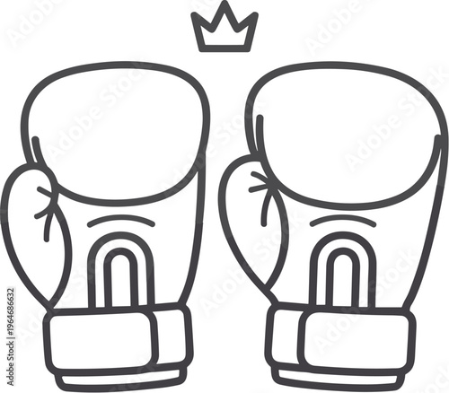 Minimalist boxing gloves line art vector, champion sports equipment with crown icon, martial arts training gear illustration