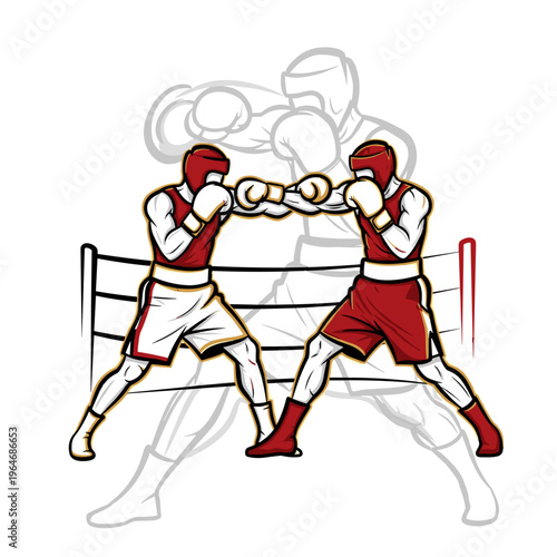Boxing match vector illustration, amateur boxers fighting in ring, red and white sports uniform, martial arts competition