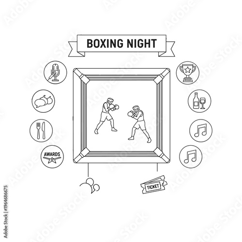 Boxing Night event vector icons set, professional boxing match in ring, sports tournament competition elements