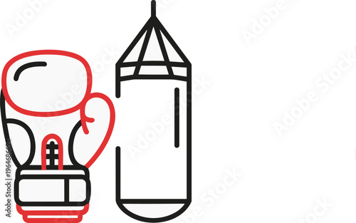 Boxing glove and punching bag vector icon, red and black line art boxing equipment, combat sports training gear illustration