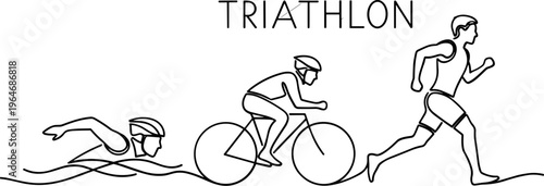 Triathlon continuous line art vector, minimalist swimming cycling and running icons, black and white sports athlete logo