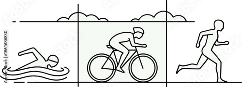 Minimalist triathlon line icons, swimming cycling and running athlete vector, modern sports competition banner