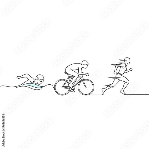 Minimalist triathlon continuous line art vector, athletes swimming cycling and running, modern sports competition illustration