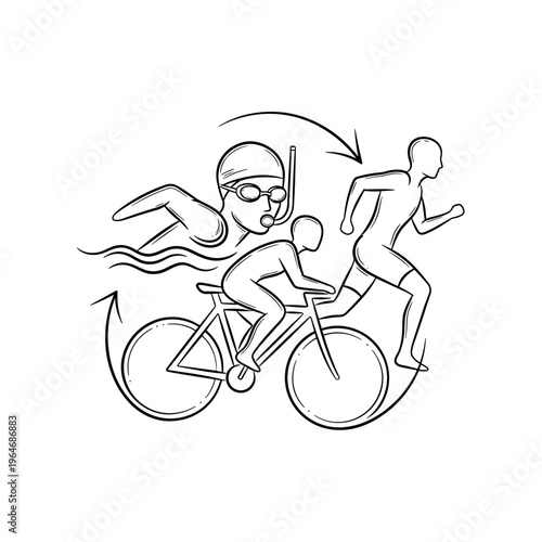 Triathlon athlete line art vector, swimming cycling and running icons, black and white sports competition illustration