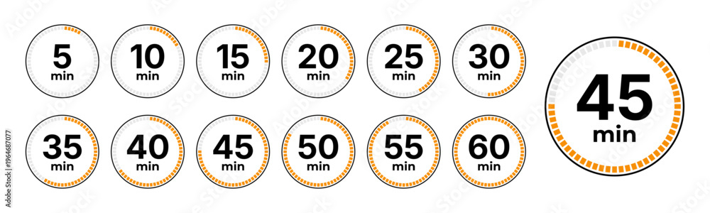 Fototapeta premium Set of circular timer icons showing minute intervals from 5 to 60