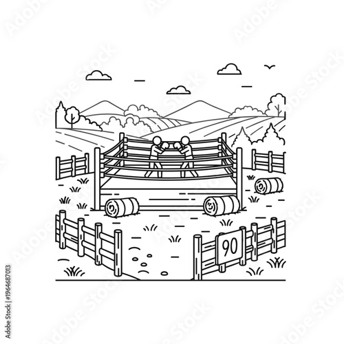 Minimalist boxing ring vector illustration, rural farm landscape with boxers, outdoor sports arena line art
