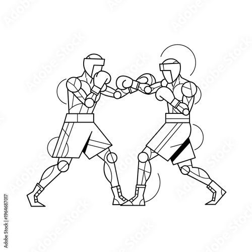 Geometric boxing vector illustration, stylized boxers sparring in ring, minimalist line art sports competition graphic
