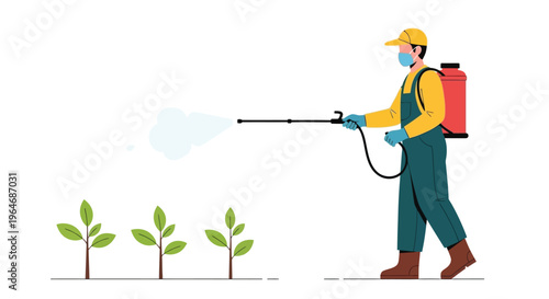 Worker spraying plants with a pesticide applicator in protective gear
